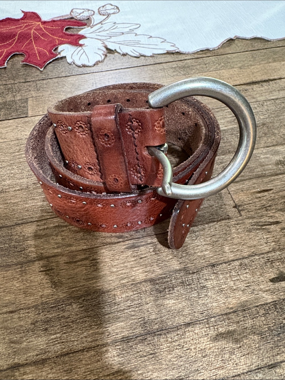 Fossil Distressed Brown Leather Belt with Round Silver Buckle